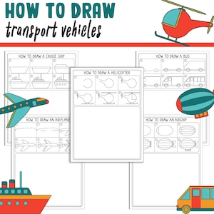 Puede incluir: Ilustración colorida titulada "HOW TO DRAW transport vehicles". La imagen presenta guías paso a paso para dibujar un crucero, helicóptero, avión, autobús y dirigible. El texto está en una fuente lúdica con un esquema de color rojo y verde azulado.