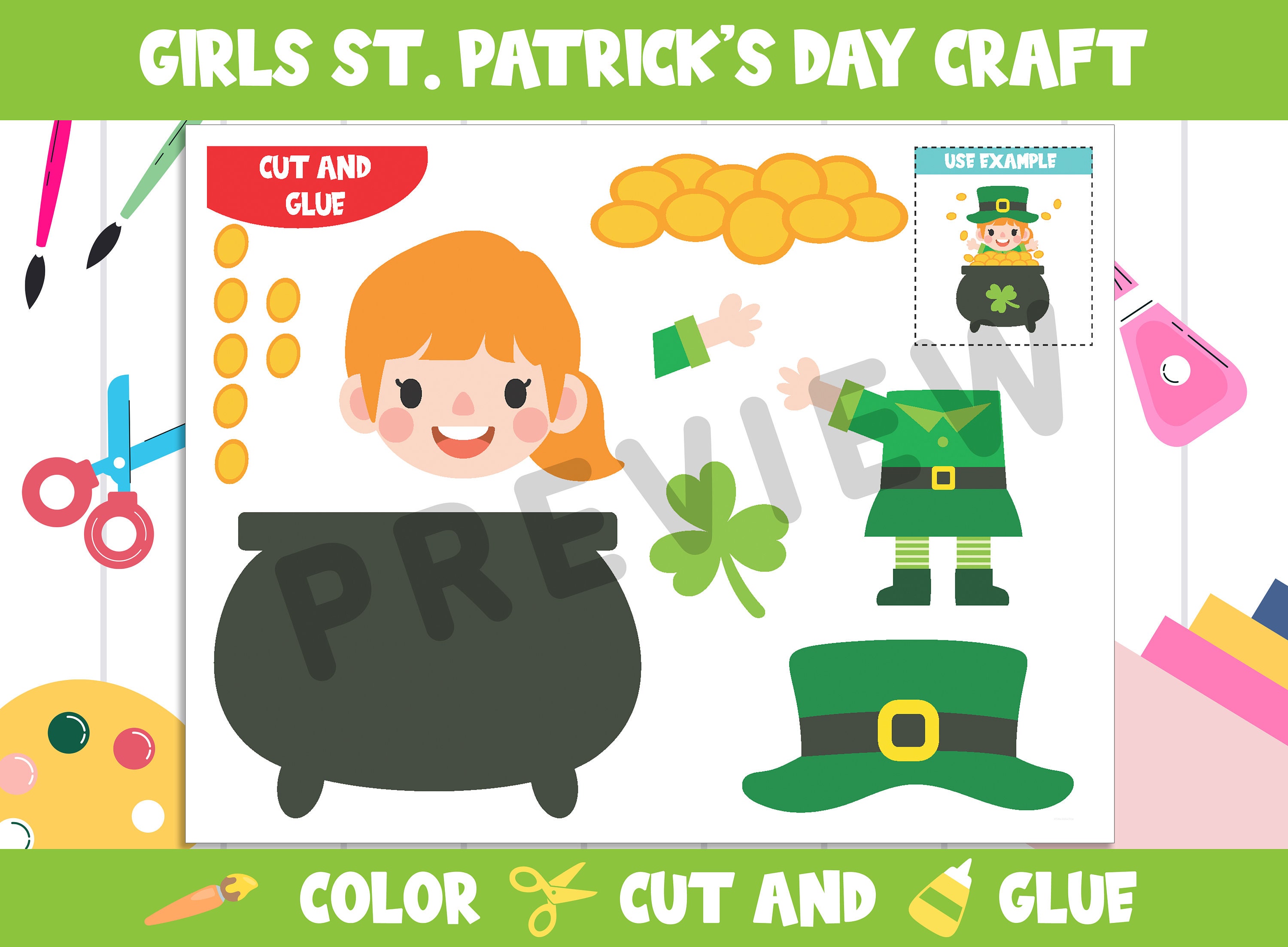 Girls St. Patrick's Day Craft Activity : Color, Cut, and Glue for Prek ...
