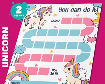 May include: A printable reward chart for kids featuring a unicorn design. The chart has a path with squares to colour in as rewards are earned. The text "You can do it!" and "You did it!" are included on the chart.