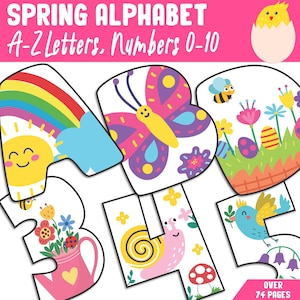 Alfabeto y números de primavera: A-Z, 0-10, 1 o 2 por página. Plantillas para tablones de anuncios, decoración de aulas y divertidas actividades de aprendizaje primaveral.