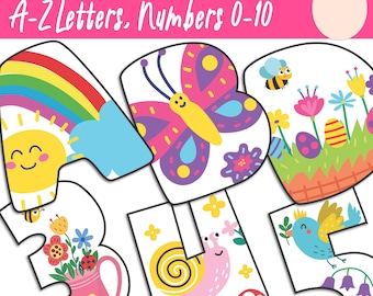 Lentealfabet en cijfers: A-Z, 0-10, 1 of 2 per pagina-sjablonen voor prikborden, klasdecor en leuke leeractiviteiten in de lente