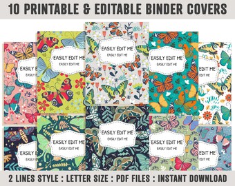 Butterfly Binder Cover, 10 Printable Editable Covers+Spines, Binder Insert, Planner Cover, Teacher/School Binder Cover, Floral/Flower/Leaf