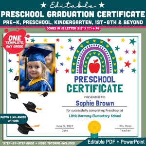 Puede incluir: Una plantilla de certificado de graduación preescolar con opción de foto. El certificado incluye un diseño de arcoíris, manzana y estrella. El certificado es para Sophie Brown, de Little Harmony Elementary School.