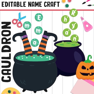 Actividad artesanal con nombre de caldero: Halloween, tablón de anuncios de regreso a clases, 40 páginas, 5 diseños, en blanco y editable, en color y en blanco y negro