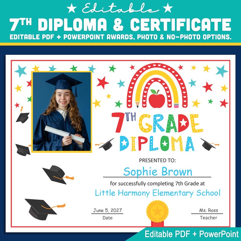 Editable 7th Graduation Diploma & Certificate Set, Rainbow Stars ...