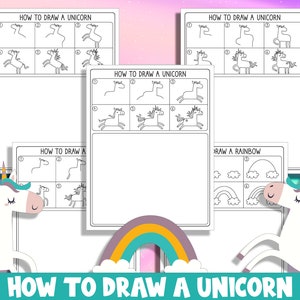 Learn How to Draw a Unicorn, Directed Drawing Step by Step Tutorial, Includes 5 Coloring Pages, PDF File, Instant Download