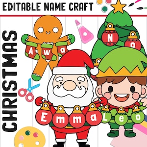Divertida actividad artesanal con nombres navideños: Navidad, invierno, tablón de anuncios de regreso a clases, 5 diseños, en blanco y editable, en color y en blanco y negro