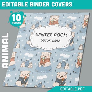 May include: A digital printable binder cover featuring a repeating pattern of polar bears wearing red sweaters and holding ice cream cones. The background is a light blue with white clouds, snow, and small pine trees. The text "WINTER ROOM DECOR IDEAS" is in a white oval frame with a dashed border.