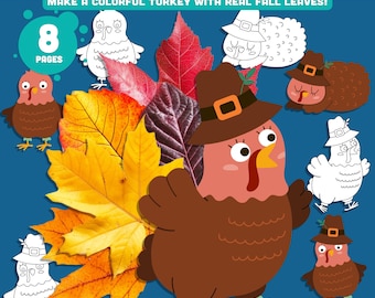 Puede incluir: Una descarga digital con manualidades de pavo con temática otoñal. La imagen muestra pavos de dibujos animados, hojas de otoño y el texto "Autumn Leaf Turkey Crafts". El diseño anima a hacer pavos con hojas de otoño reales. La descarga incluye 8 páginas.