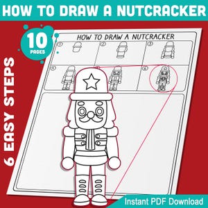 Puede incluir: Un tutorial de dibujo en blanco y negro que muestra cómo dibujar un cascanueces en 10 sencillos pasos. El dibujo se divide en 6 pasos, con el paso final mostrando un cascanueces completamente dibujado con una estrella en su sombrero, un bigote y un uniforme detallado.