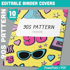 10 cubiertas editables para carpetas con patrones de los años 90, incluye lomos de 1, 1,5 y 2", disponibles en A4 y carta estadounidense, edición con PowerPoint o lector de PDF