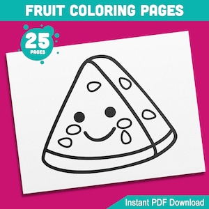 Op de afbeelding: Een zwart-witte lijntekening van een watermeloenpunt met een glimlachend gezicht en pitten. De afbeelding maakt deel uit van een set van 25 fruit kleurplaten.