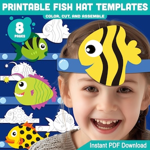 Könnte beinhalten: Druckbare Fischhutvorlagen mit farbenfrohen und schwarz-weißen Fischdesigns. Das Bild zeigt ein Kind mit einem gelben Fischhut. Der Text lautet "Color, Cut, and Assemble" und "Instant PDF Download."