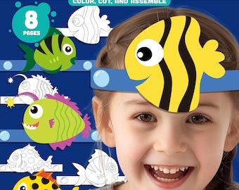 Printable Fish Crown Hat Templates – 8 Ocean-Themed Headband Pages in Pre-Colored + Black & White, Easy Craft for Kids, Instant PDF Download