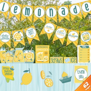Kit imprimible editable para puesto de limonada: actividad de verano, juego dramático, decoración para fiestas soleadas, 62 páginas con letreros, carteles, etiquetas y pancartas.