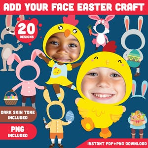 Manualidad de Pascua con tu rostro: Recorta fotos de conejito y pollito, plantillas primaverales para decorar el tablón de anuncios, tonos de piel claros y oscuros, PDF + PNG