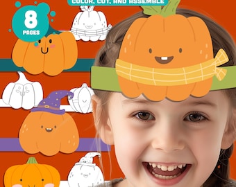 Printable Pumpkin Headband Crafts, Fall Paper Crown and Coloring Hat for Autumn Fun, Party Hat, Cut, Color & Wear Activity, Instant Download