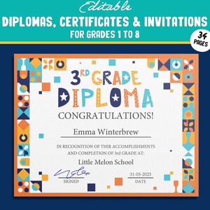 Bearbeitbare Diplome für die 3.Klasse, Zertifikate für die 1.-8.Klasse und Einladungsvorlagen in einem Mosaik-Thema - 34 Seiten, PDF Instant Download