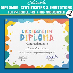 Primeros pasos hacia el éxito: Diploma de jardín de infantes y preescolar, certificado, invitación, 37 páginas editables, archivo PDF, descarga instantánea