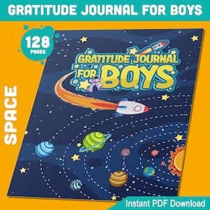Diario de gratitud con temática espacial para niños: 128 páginas únicas, PDF imprimible en tamaños A4, A5, US Trade y US Letter, descarga instantánea