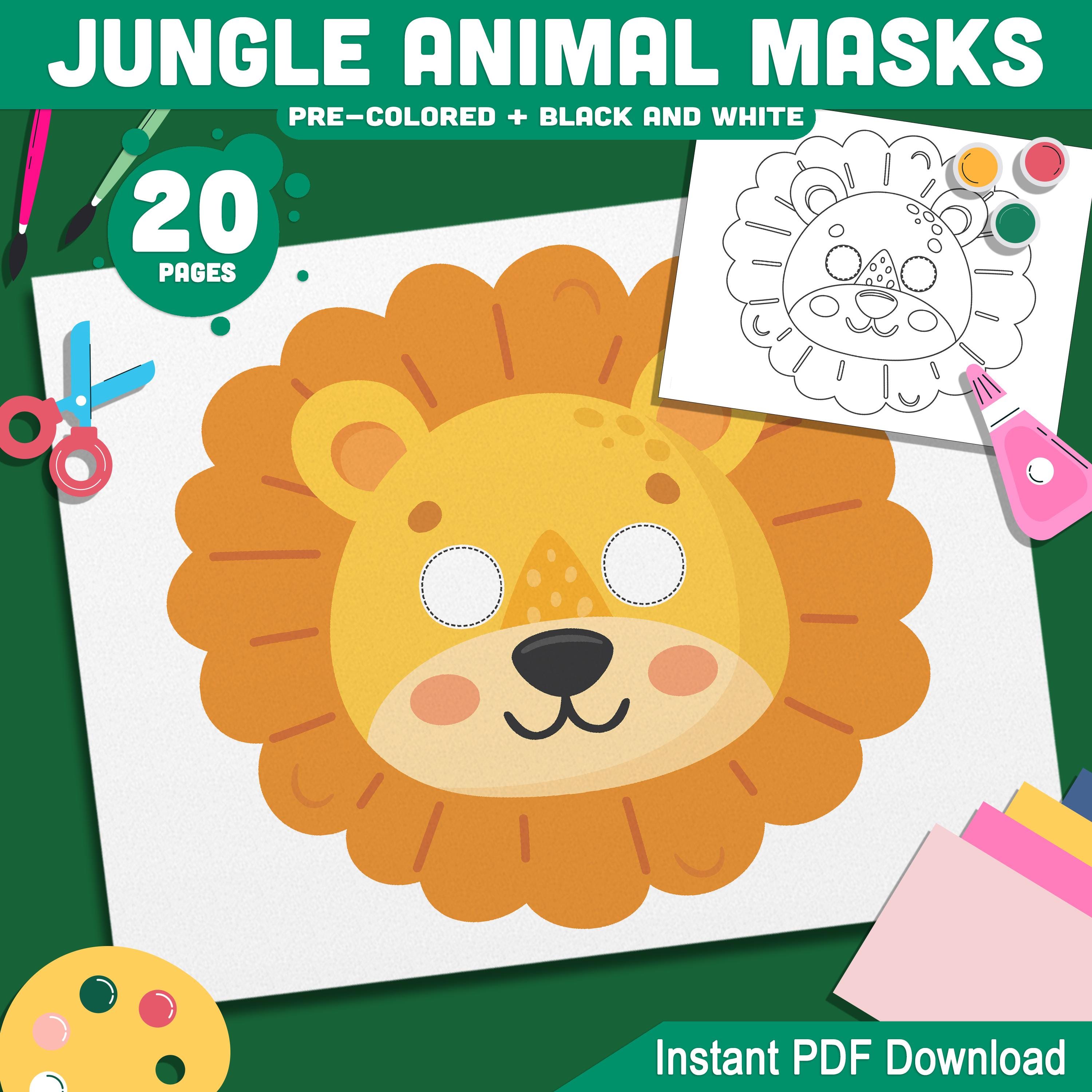 Jungle Animal Masks Printable: Fun Craft for Kids with 10 Designs to Color, Cut & Wear, Includes Black and White and Pre-Colored.