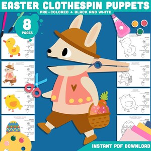 Printable Easter Clothespin Puppets, 8-Page DIY Spring Craft for Kids, Includes Bunny, Chick, Duckling & Egg, Pre-Colored + Black-and-White