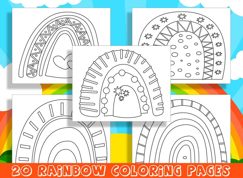 Peut inclure: Un ensemble de 20 pages &agrave; colorier d'arc-en-ciel imprimables. Chaque page pr&eacute;sente un design diff&eacute;rent d'arc-en-ciel avec divers motifs et d&eacute;tails. Ces pages &agrave; colorier sont parfaites pour les enfants de tous &acirc;ges.