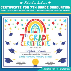 Modello di certificato modificabile di 7a elementare: PDF e PowerPoint per cerimonie di laurea, premi di riconoscimento speciali ed eventi importanti