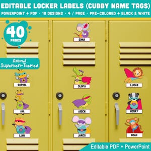 Editable Locker Labels (Cubby Name Tags), Animal Superhero-Themed, Pre-Colored + Black & White, PDF + PowerPoint, Fun Classroom Organization