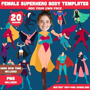 Female Superhero Body Templates: Add Your Own Face Printable for Hero Day Fun, Includes Light & Dark Skin Tones, PDF + PNG, Instant Download