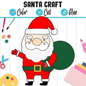 May include: A printable craft template of Santa Claus holding a bag of gifts. The template is ready to be colored, cut out, and glued together. The image includes instructions for coloring, cutting, and gluing.