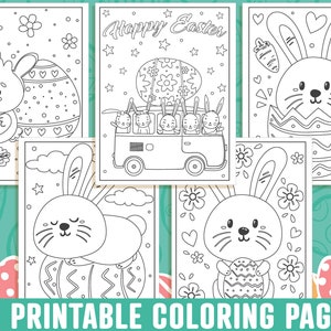 May include: A collection of 40 printable Easter coloring pages. The pages feature various Easter-themed illustrations, including bunnies, chicks, decorated eggs, and the text "Happy Easter". The images are in black and white, ready for coloring.