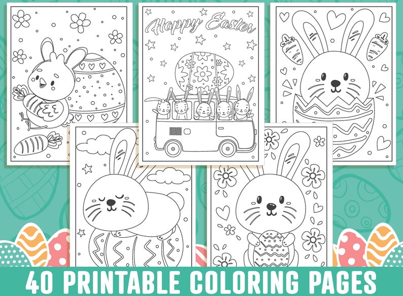 May include: A collection of 40 printable Easter coloring pages. The pages feature various Easter-themed illustrations, including bunnies, chicks, decorated eggs, and the text "Happy Easter". The images are in black and white, ready for coloring.