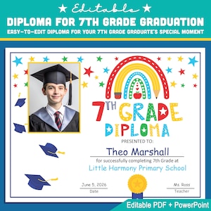 Bearbeitbare Abschlussdiplomvorlage für die 7. Klasse mit Foto: Letter Size PDF & Power Point für Meilensteinveranstaltungen, Anerkennung und Sonderpreise