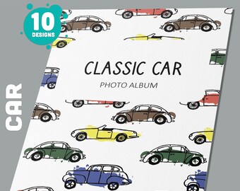 May include: A set of 10 editable binder covers featuring a classic car theme. The covers are designed with a white background and a repeating pattern of colorful cars. The text "CLASSIC CAR PHOTO ALBUM" is displayed in the center of the cover.