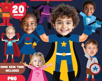 Superhero Kids Body Clipart Templates – Add Your Face to 20 Fun Hero Designs! Light + Dark Skin Tones, PDF + PNG Instant Download