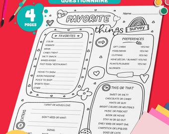 May include: A printable black and white survey for kids to fill out about their favorite things. The survey includes sections for favorites, preferences, and this or that. The title of the survey is "My Favorite Things Survey".