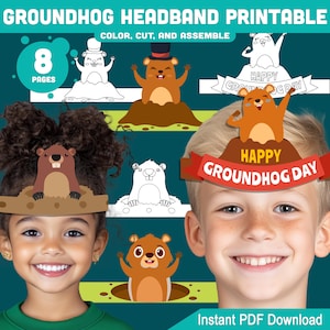 Peut inclure: Un bandeau imprimable pour la fête de la marmotte avec un dessin de marmotte de dessin animé. L'image comprend le texte "GROUNDHOG HEADBAND PRINTABLE" et "COLOR, CUT, AND ASSEMBLE". Le design est disponible en 8 pages et est un téléchargement PDF instantané.
