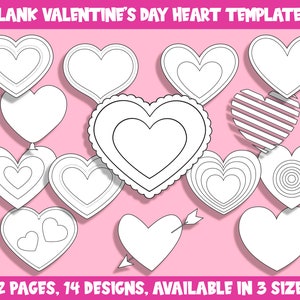 Lege Valentijnsdag hart sjablonen, kleuren clipart bundel, 42 pagina's, 14 ontwerpen, verkrijgbaar in 3 maten, PDF-bestand, Instant Download
