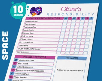 Cuadro de tareas con responsabilidades y temática espacial para niños: plantilla de lista de tareas editable de 10 páginas, imprimible para niños y niñas, descarga instantánea