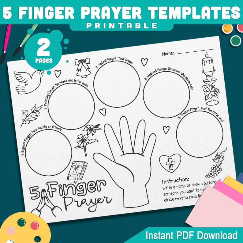 Christian 5 Finger Prayer Template for Kids: Fun Activity, 2 Pages (pre ...