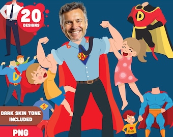 Super Dad Body Clipart Templates: Fun Printable Designs for Kids, Add Your Father’s Face Photo, Light + Dark Skin Tone, PDF + PNG