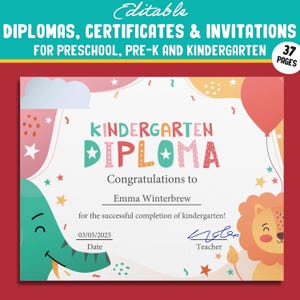 Diplom, Zertifikat und Einladungsvorlage für Kinder mit Tieren (Elefant & Löwe), 37 bearbeitbare Seiten, PDF-Datei, Sofort-Download