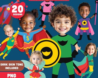 Superhero Kids Body Clipart Templates – Add Your Face to 20 Fun Hero Designs for Boys & Girls! Light + Dark Skin, PDF + PNG Instant Download