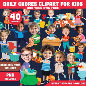 Op de afbeelding: Digitale clipartset getiteld "Daily Chores Clipart for Kids" met 40 ontwerpen. De afbeelding toont illustraties van kinderen die huishoudelijke taken uitvoeren. Tekst geeft aan dat donkere huidtinten zijn inbegrepen en PNG-bestanden beschikbaar zijn.