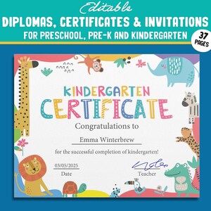 37 bearbeitbare Kindergarten-Anerkennungsurkunden, Pre-K, Vorschuldiplome und Einladungen, PDF-Dateien, Sofort-Download