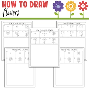 How To Draw Flowers, Directed Drawing Step by Step Tutorial, Includes 5 Coloring Pages, PDF File, Instant Download