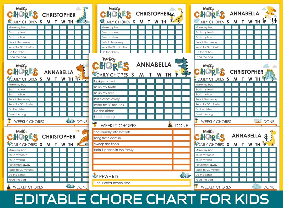 Chore Chart for Kids Dino, Printable/editable Chore Chart for Kids ...