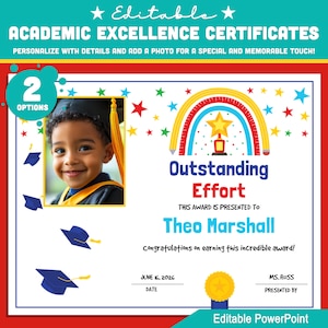 Certificati di riconoscimento degli studenti e di eccellenza accademica, premi di classe modificabili con opzione foto, 2 file PowerPoint personalizzati, download immediato