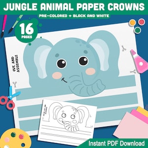 Dschungeltier-Kronen für Kinder: 8 lustige druckbare Stirnbänder zum Ausmalen, Schneiden und Tragen mit Elefant, Tiger, Affe, Giraffe und mehr.